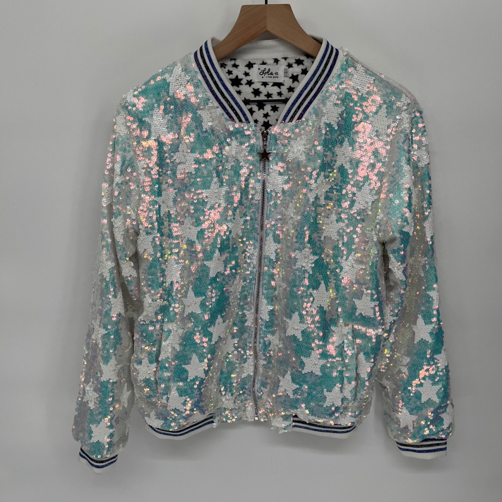Lola + the Boys Sequins Star Bomber Jacket‎ Kids Large White Iridescent Shimmer